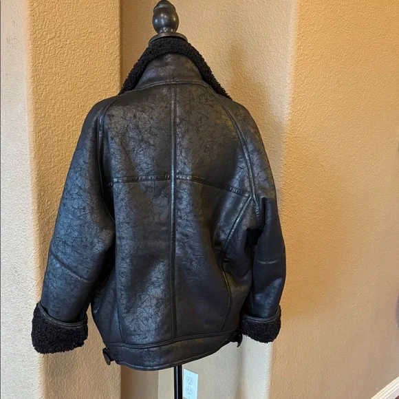 Black Faux Leather Jacket with Shearling Trim - Picture 3 of 5